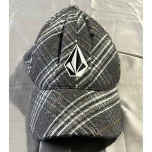 Volcom Youth Grey Plaid Flexfit Baseball Hat Skate Stone Logo Cap